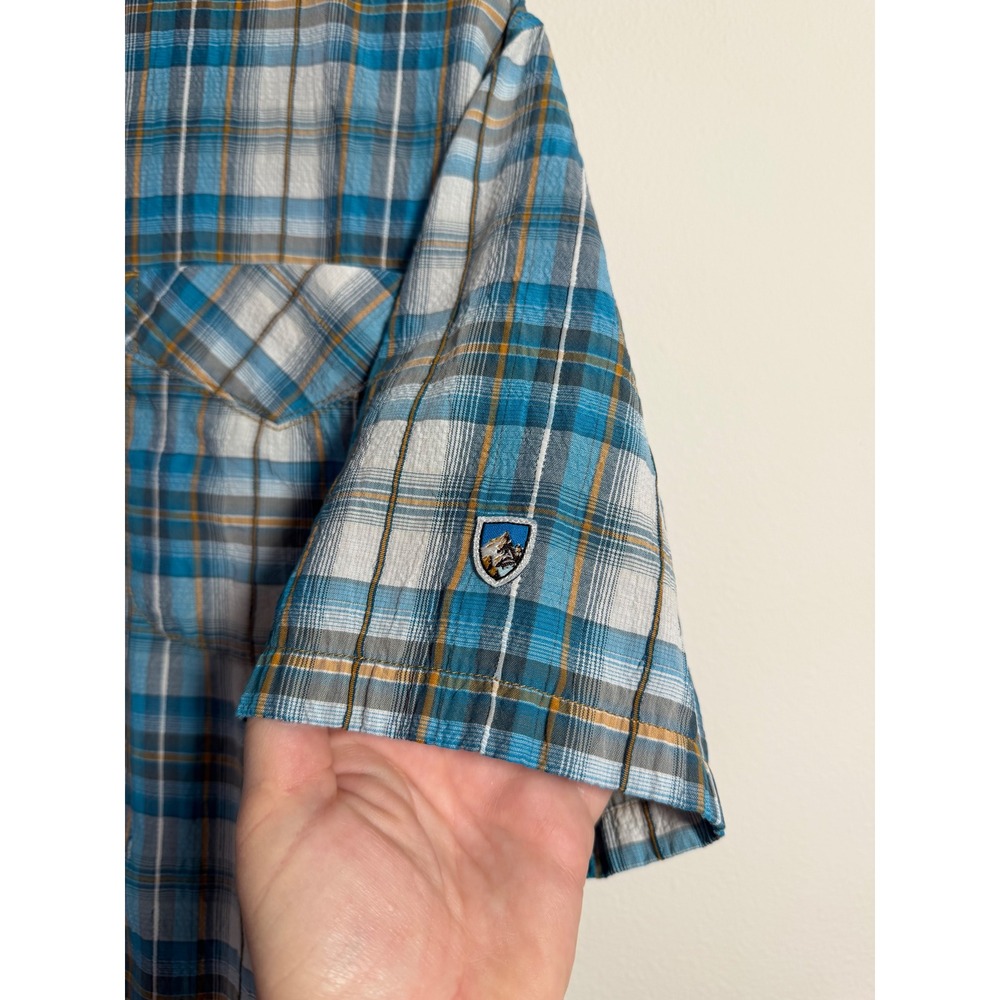 KUHL Mens Large Blue Plaid Short Sleeve Button Up Shirt Mountains Outdoor Active - Picture 4 of 11